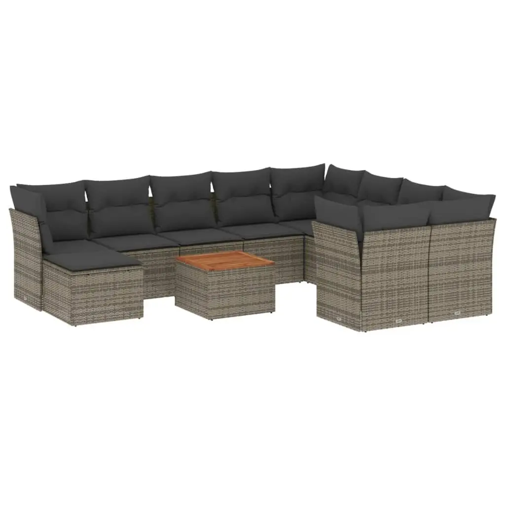 11 Piece Outdoor Garden Sofa Set PE Rattan Grey Modular Furniture with Acacia Wood Table Top