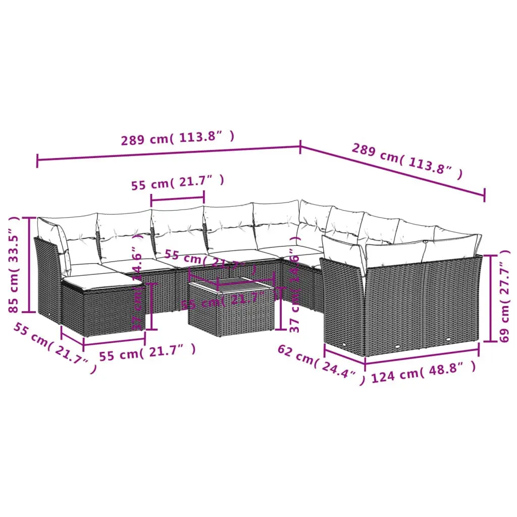 Garden Sofa Set PE Rattan 12 Piece Modular Outdoor Furniture Grey