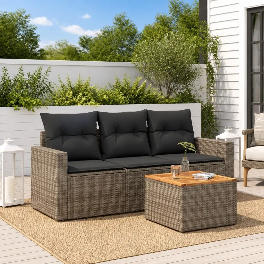 4 Piece Garden Sofa Set PE Rattan Grey with Acacia Wood Table and Storage Cushions