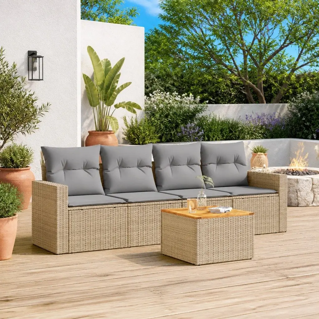 Garden Sofa Set PE Rattan 5 Piece Modular Outdoor Furniture Beige