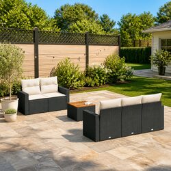 6-Piece Black Poly Rattan Outdoor Garden Sofa Set with Cushions
