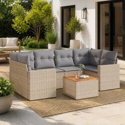 7 Piece Outdoor Garden Sofa Set in Beige Poly Rattan