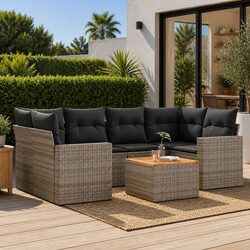 7 Piece Grey Poly Rattan Garden Sofa Set with Cushions