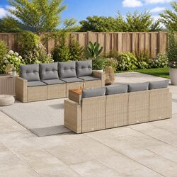 9-Piece Beige Poly Rattan Garden Sofa Set