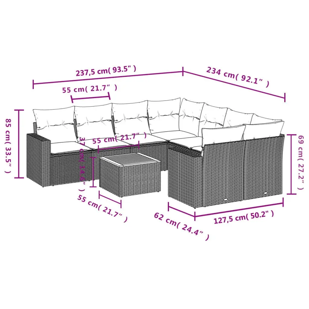 9 Piece Garden Sofa Set PE Rattan Grey Outdoor Furniture with Acacia Wood Table and Cushions