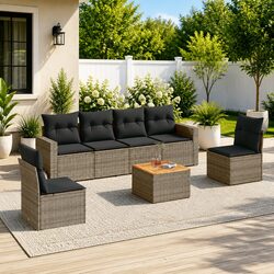 7-Piece Grey Outdoor Sofa Set with Acacia Table