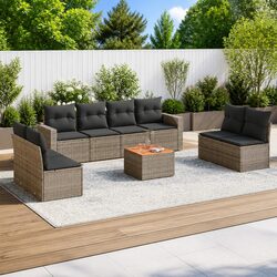 9 Piece Grey Outdoor Garden Sofa Set with Poly Rattan