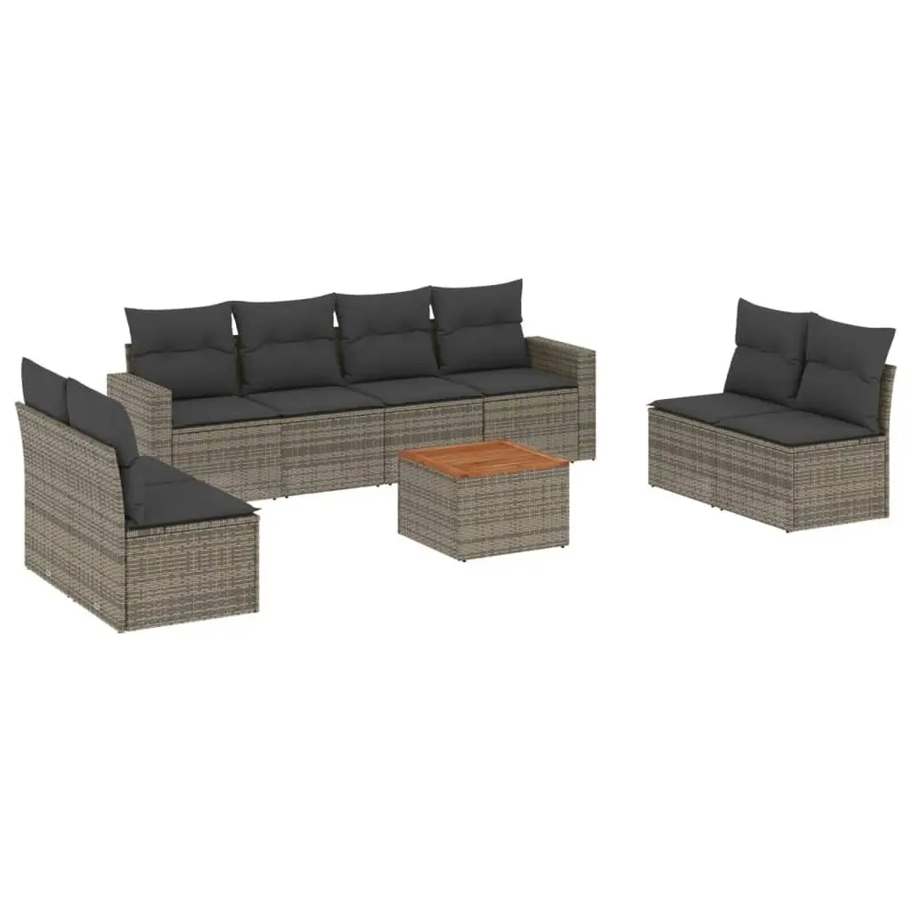 Garden Sofa Set PE Rattan 9 Piece Outdoor Furniture Grey Acacia Wood Tabletop