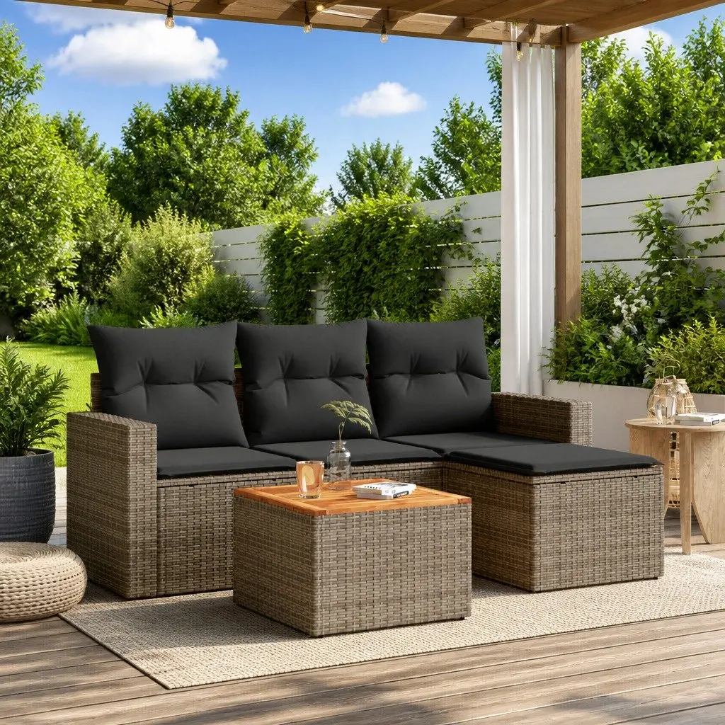 5 Piece Garden Sofa Set Poly Rattan Grey with Storage Footstool
