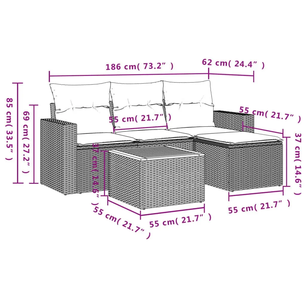 5 Piece Garden Sofa Set Poly Rattan Grey with Storage Footstool