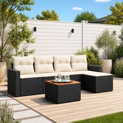 6-Piece Black Poly Rattan Garden Sofa Set for Outdoor Use