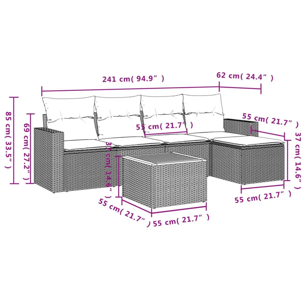 Modular 6-Piece Grey Poly Rattan Garden Sofa Set