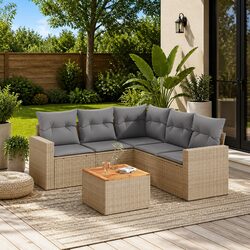 Durable 6-Piece Garden Sofa Set in Beige Poly Rattan