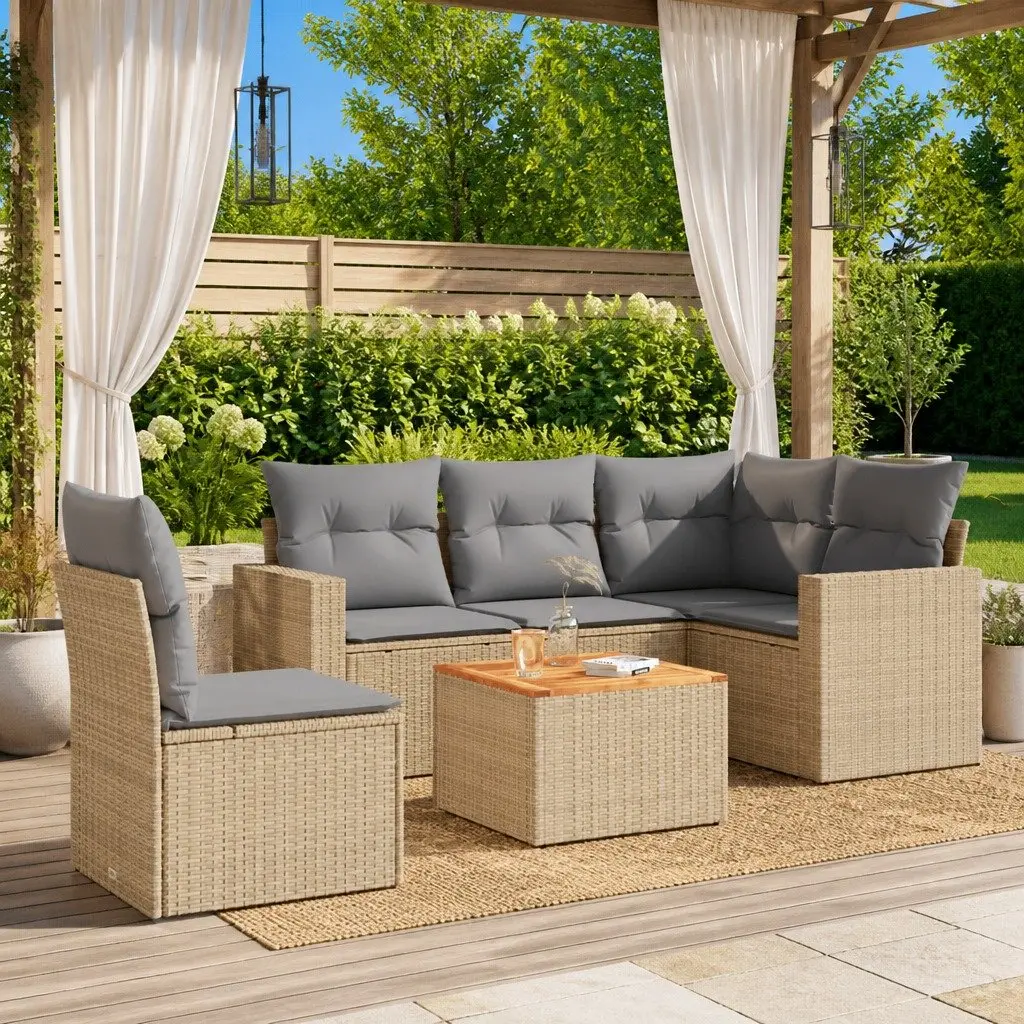 6 Piece Modular Garden Sofa Set in Beige Poly Rattan