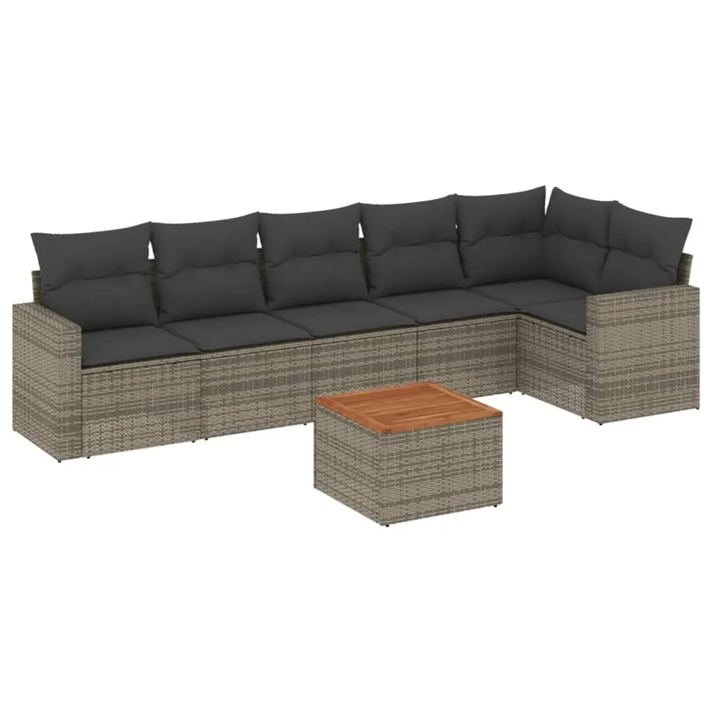 7 Piece Garden Sofa Set PE Rattan Grey Modular Outdoor Furniture with Acacia Wood Table Top