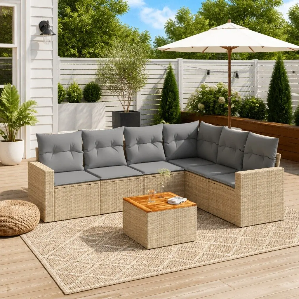 Garden Sofa Set PE Rattan 7 Piece Modular Outdoor Furniture Beige