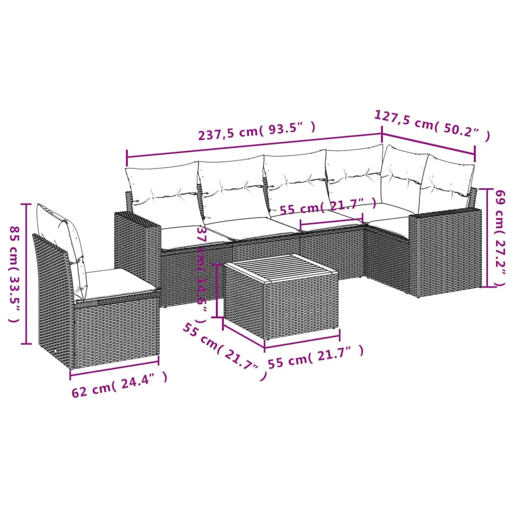 7 Piece Garden Sofa Set PE Rattan Grey Outdoor Furniture with Acacia Wood Table Top and Storage Cushions