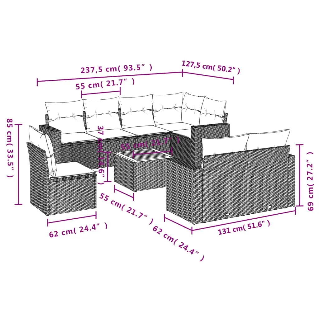 Garden Sofa Set PE Rattan 9 Piece Outdoor Furniture Modular Beige