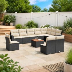 11-Piece Black Poly Rattan Garden Sofa Set for Outdoor Use