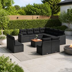 12-Piece Black Poly Rattan Garden Sofa Set with Cushions