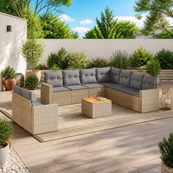 Beige Poly Rattan Garden Sofa Set 10 Pieces Outdoor Lounge