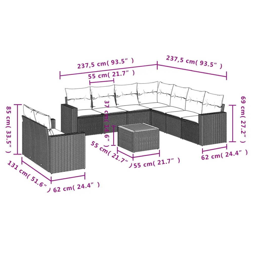 Garden Sofa Set PE Rattan 10 Piece Outdoor Furniture Grey Modular Patio