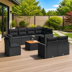 Premium 9 Piece Black Poly Rattan Garden Sofa Set