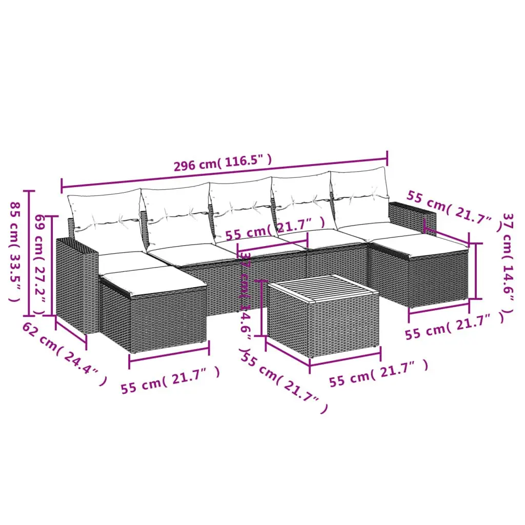 8 Piece Garden Sofa Set PE Rattan Grey Outdoor Patio Furniture with Storage Cushions