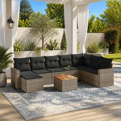 9-Piece Modular Grey Poly Rattan Garden Sofa Set