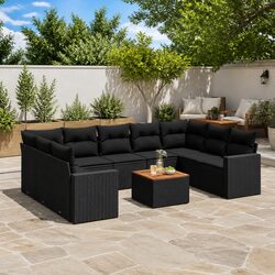 10 Piece Black Poly Rattan Garden Sofa Set