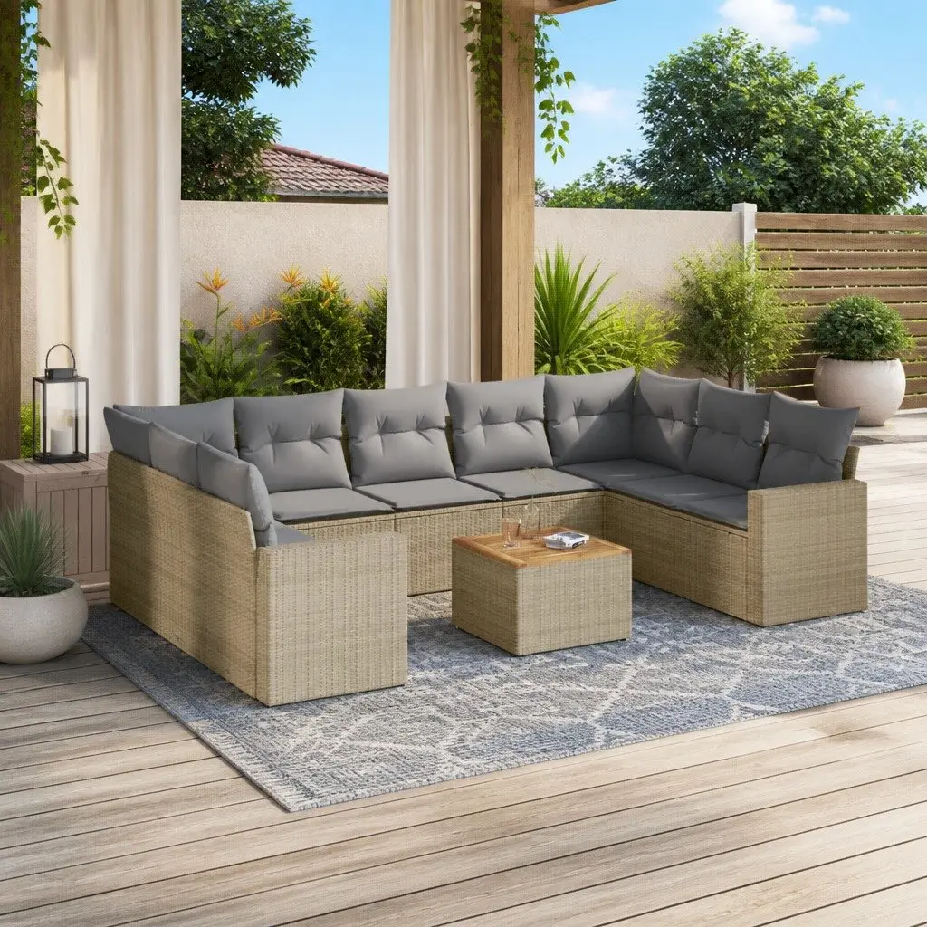 Beige Poly Rattan 10-Piece Garden Sofa Set for Patios