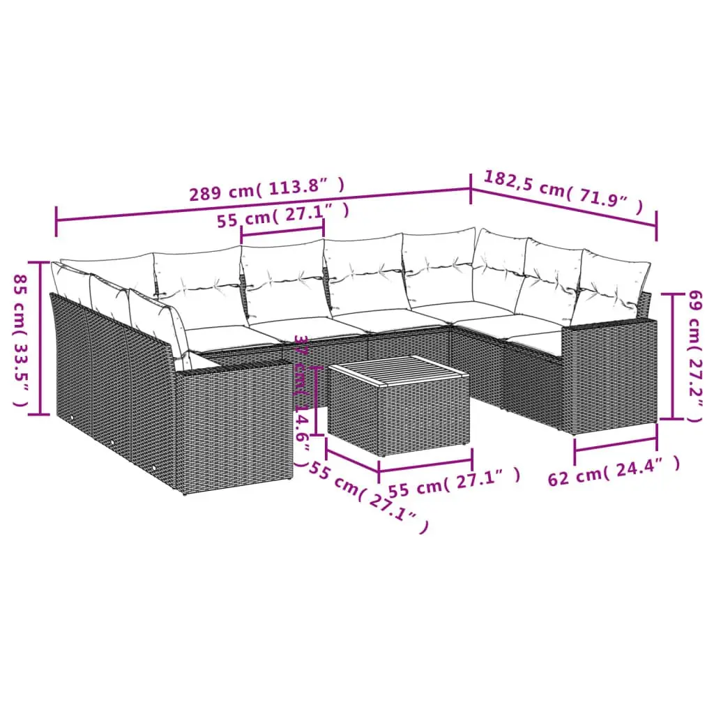 Beige Poly Rattan 10-Piece Garden Sofa Set for Patios