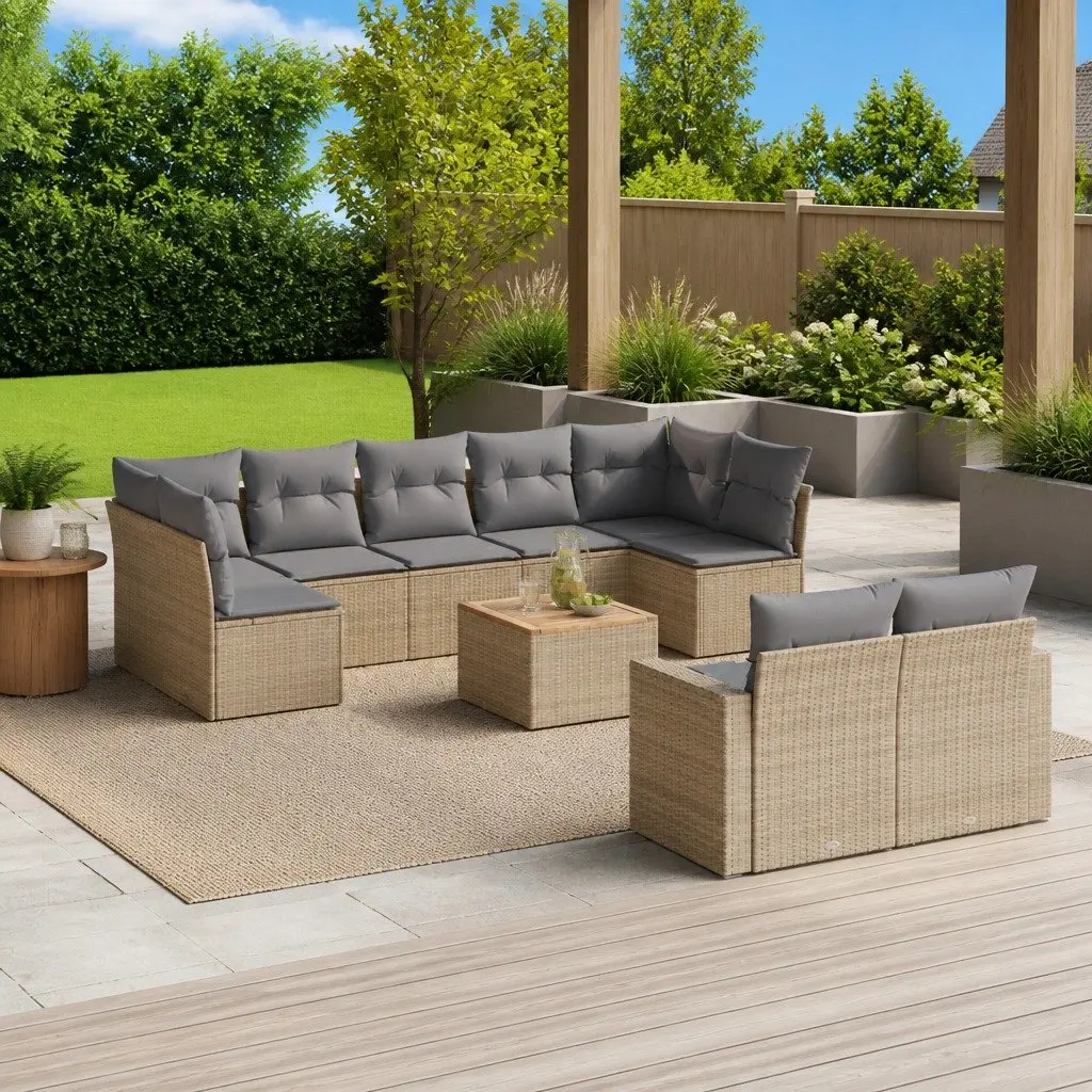 Garden Sofa Set PE Rattan 10 Piece Outdoor Furniture Beige with Cushions
