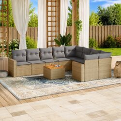 Beige 10-Piece Garden Sofa Set with Acacia Wood Table