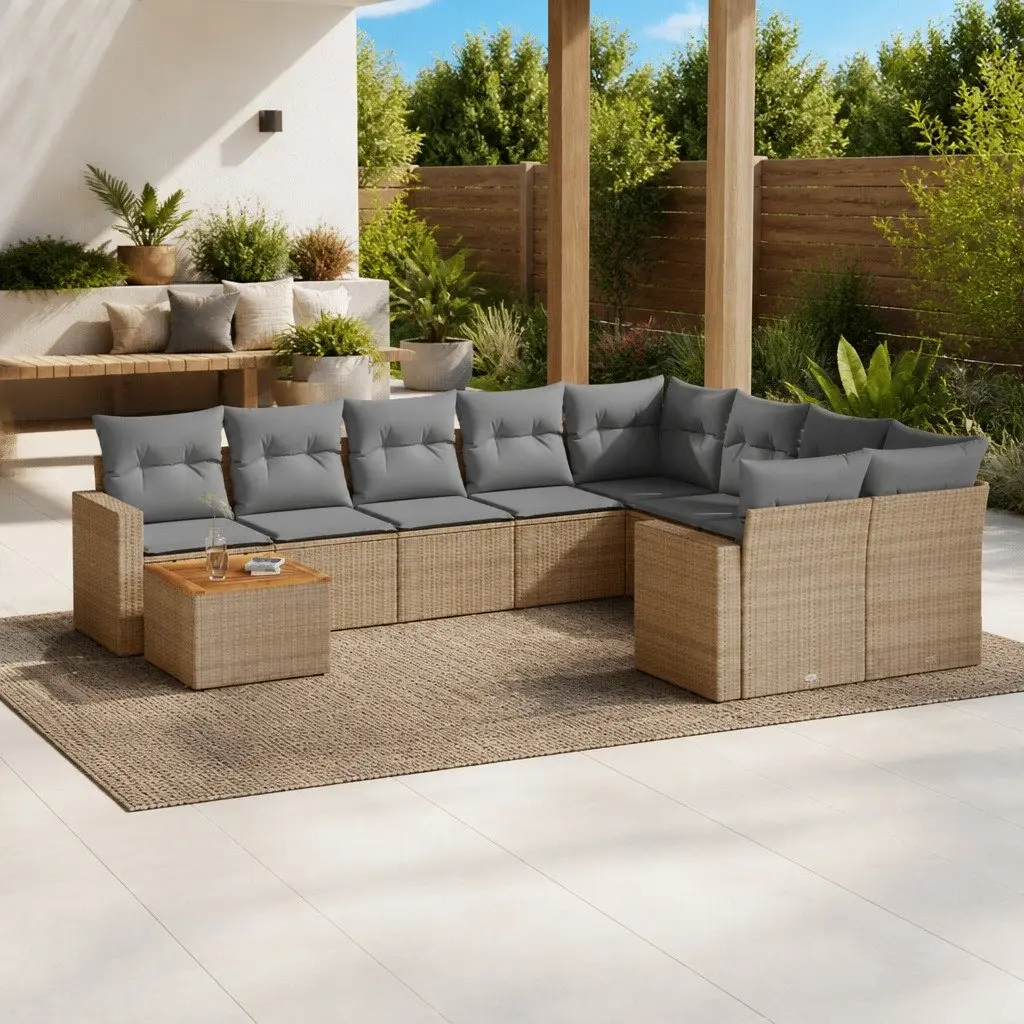 Garden Sofa Set PE Rattan 10 Piece Outdoor Furniture Beige Patio Lounge