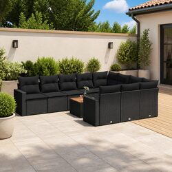 11-Piece Black Poly Rattan Outdoor Garden Sofa Set