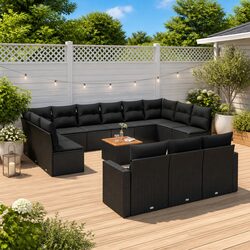 14-Piece Black Poly Rattan Garden Sofa Set with Cushions