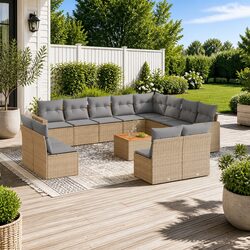Beige Poly Rattan Garden Sofa Set 13 Piece Outdoor Furniture
