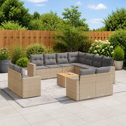 Beige Poly Rattan 12-Piece Garden Sofa Set for Patios