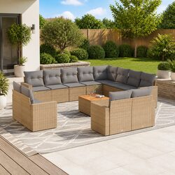 Premium 13 Piece Garden Sofa Set in Beige Poly Rattan