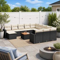 Durable 13 Piece Black Garden Sofa Set with Acacia Top