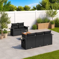 Durable Modular 6-Piece Black Poly Rattan Garden Sofa Set