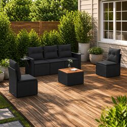 Durable 6 Piece Black Poly Rattan Garden Sofa Set