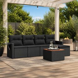 6-Piece Black Poly Rattan Garden Sofa Set for Outdoors
