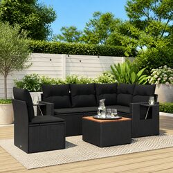 Sturdy 6 Piece Black Poly Rattan Garden Sofa Set with Cushions