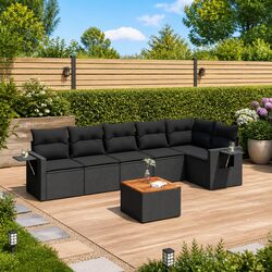 7 Piece Black Poly Rattan Outdoor Garden Sofa Set with Cushions