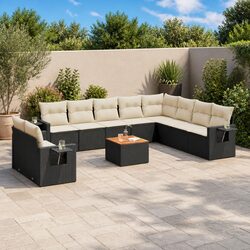 11 Piece Garden Sofa Set with Cushions - Black Poly Rattan