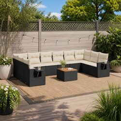 11 Piece Black Poly Rattan Garden Sofa Set with Cushions