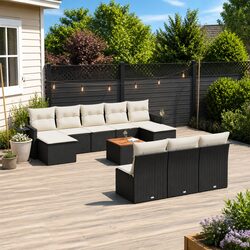 11-Piece Black Poly Rattan Outdoor Sofa Set with Cushions