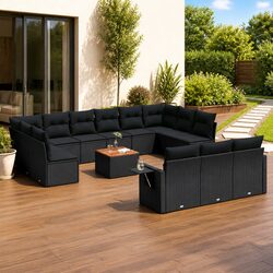 Premium 14 Piece Outdoor Garden Sofa Set in Black Poly Rattan
